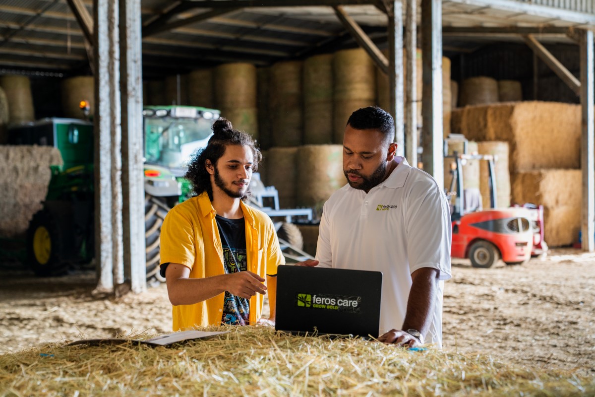 Young man with dark hair in a top bun and yellow shirt standing next to man wearing a white Feros Care T-shirt, both looking at a laptop on top of a hay bale in a barn 