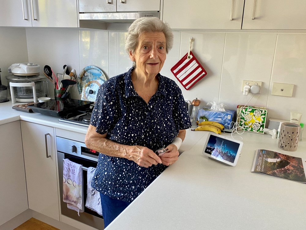 Elderly lady standing at kitchen counter with tablet 