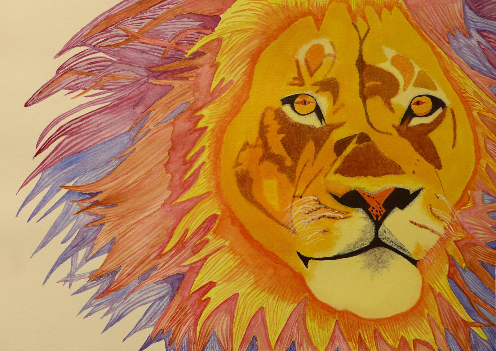 Mask of Courage by Chooi Fei - Artwork description: A painting of a lion. His mane is yellow and orange and red and purple.