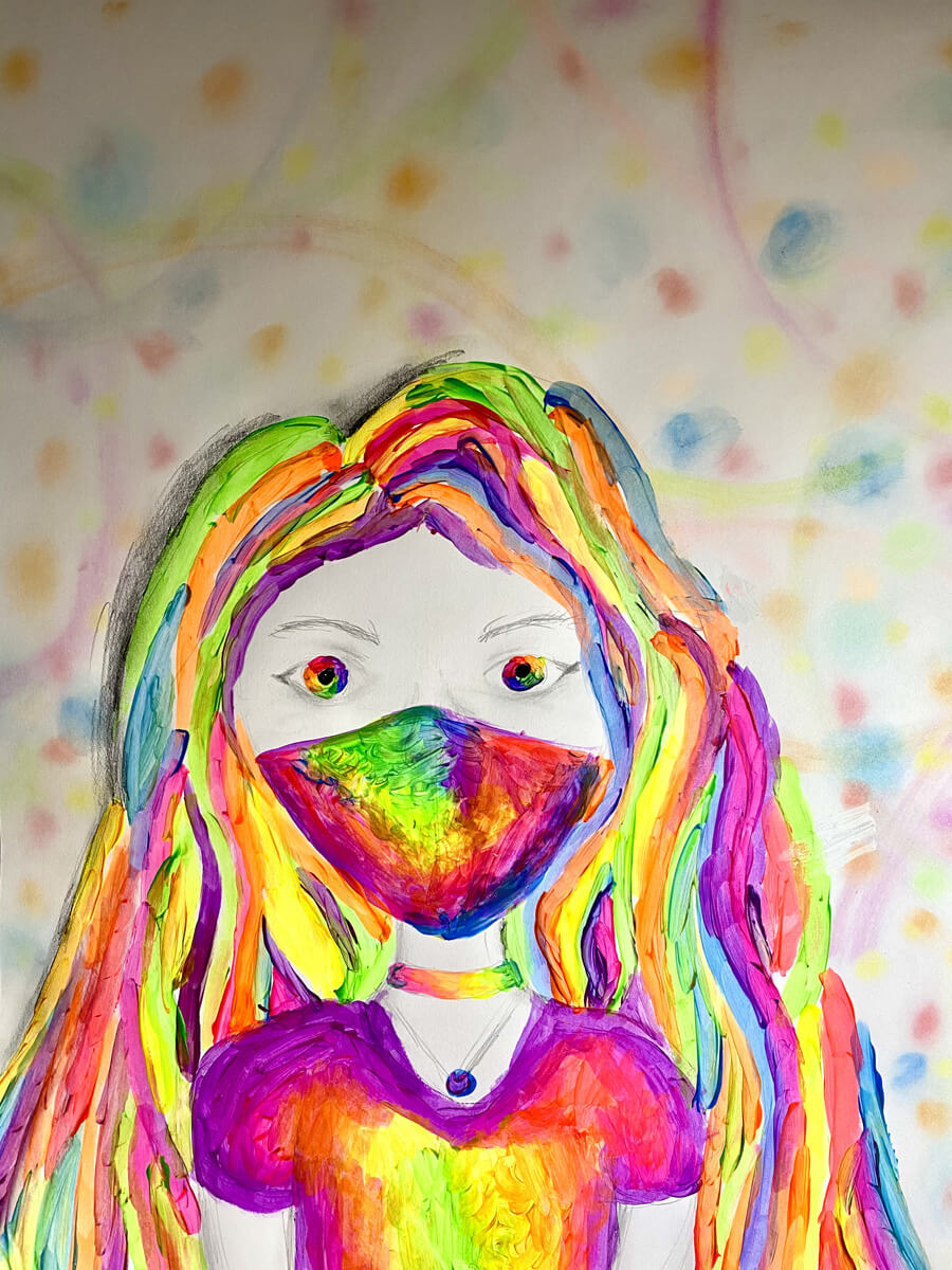 My Magical Mask-arade by Sophie Weaver - Artwork description: A painting of a young girl wearing a mask. Her hair is all the colours of a rainbow. She is wearing a rainbow mask, a rainbow coloured top and a rainbow necklace..