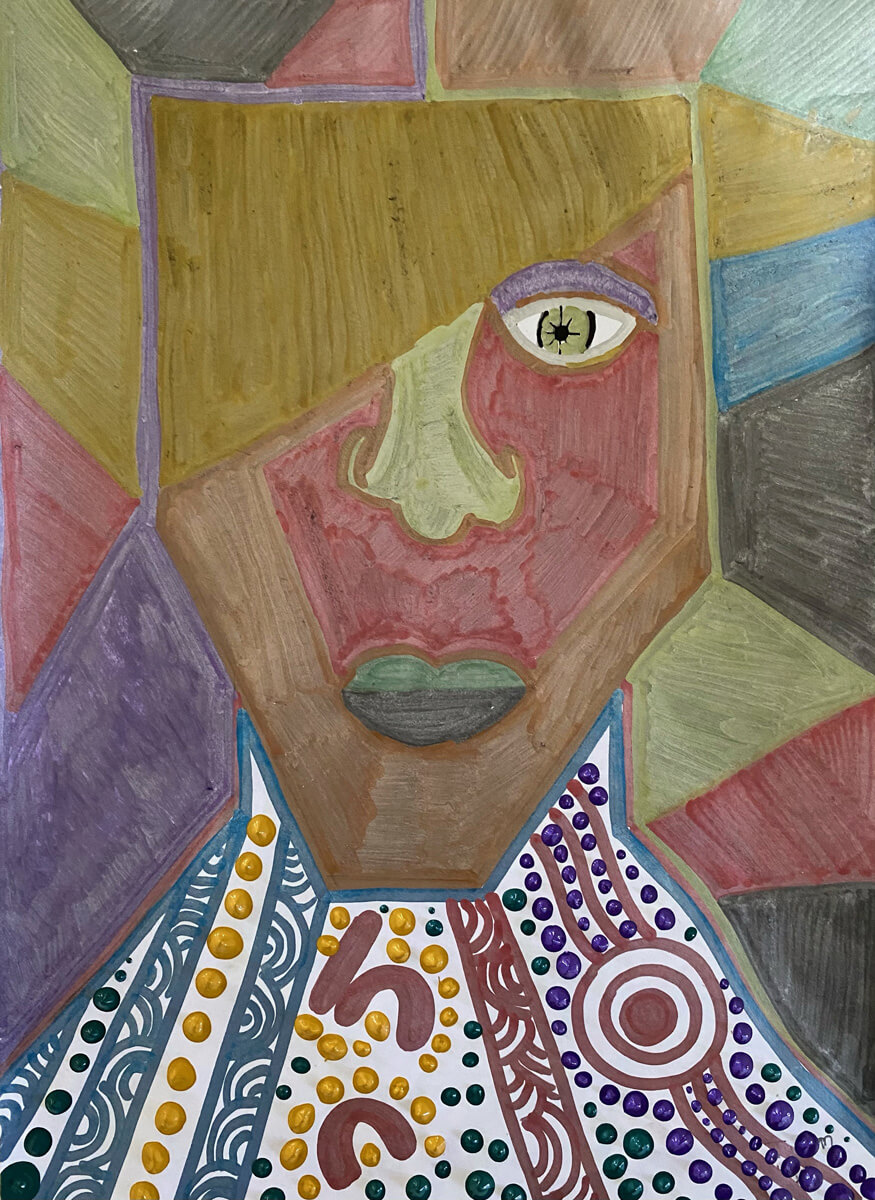 Me and Mine by Tuscan Hall - Artwork description: A picture of a face with one eye covered. There is aboriginal art on the chest of the person. The background is made up of different coloured squares..