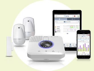 Photo: Care@Home Family base alarm unit, two passive infrared sensors, one door sensor and iPad and iPhone showing emergency monitoring interface