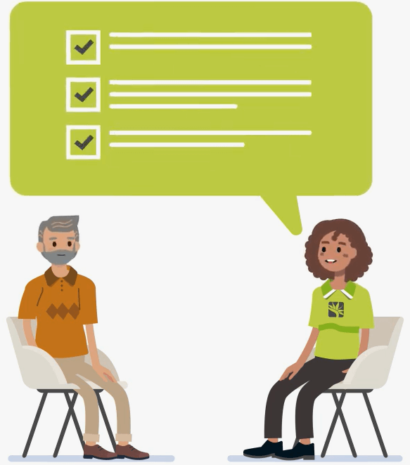 Illustration of client talking with wellbeing coach with checklist