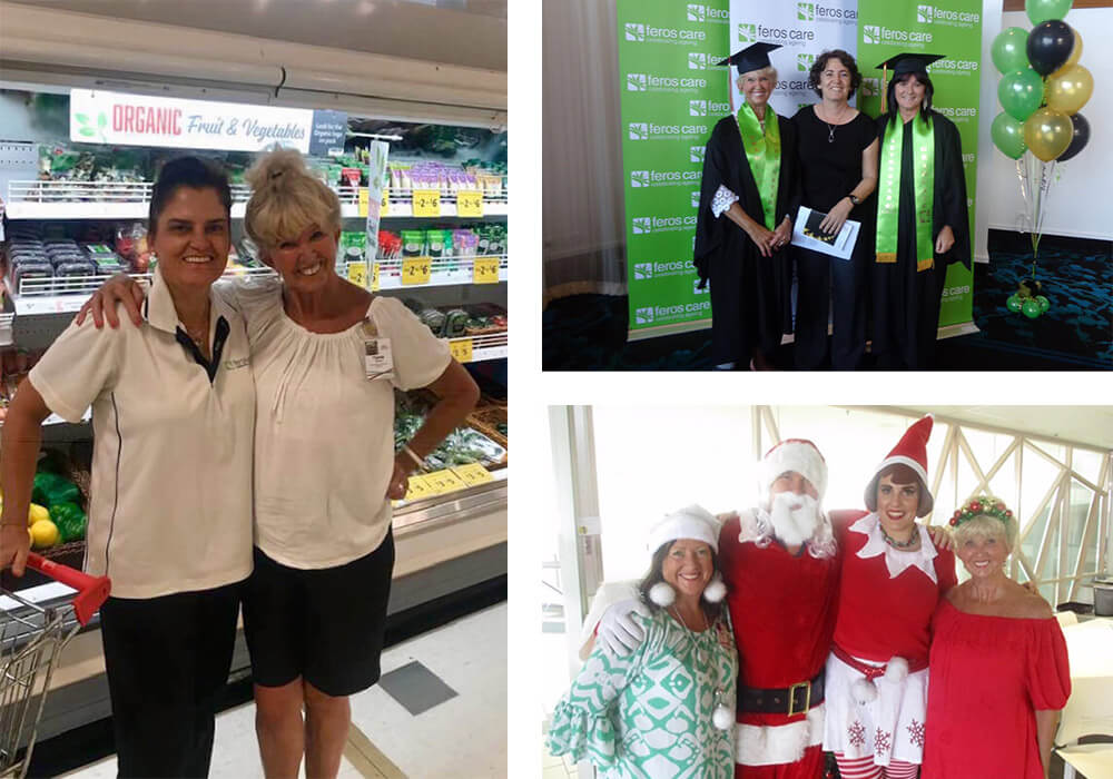 Collage of photo so Tania, left - Tania with another care worker, top right - Tania in graduation robes, bottom right - Tania and other Feros employees dressed up in Christmas themed clothing 