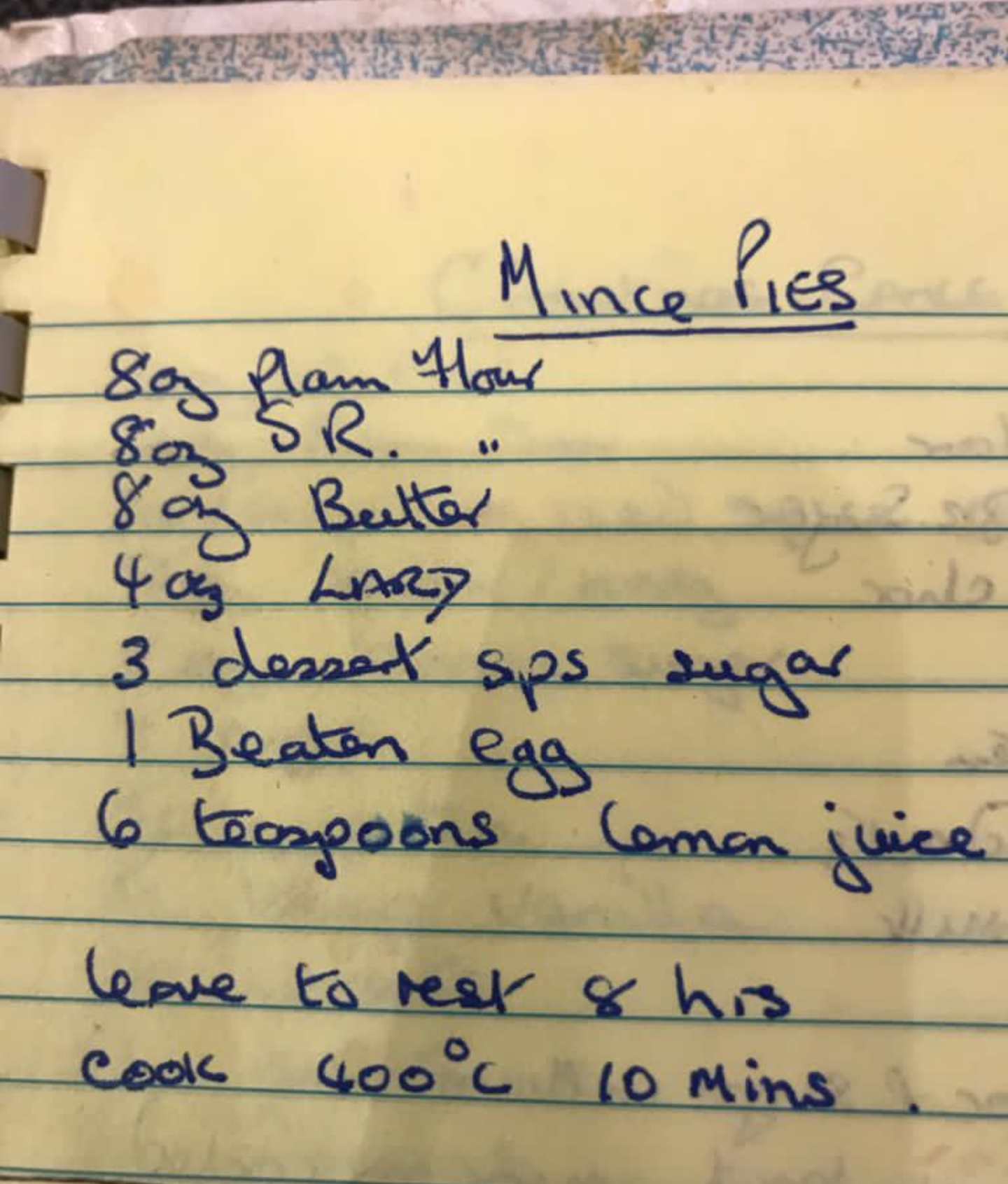A picture of a handwritten mince pie recipe