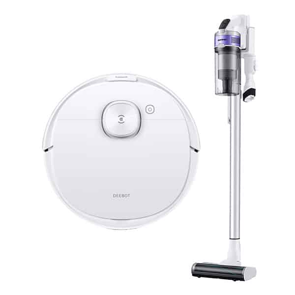 Photo of a robot vacuum and a stick vacuum