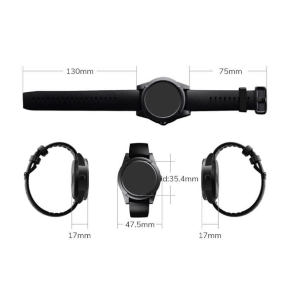 Photo of GPS Watch dimensions. Watch face diameter is 35.4 millimetres. Watch body width is 47.5 millimetres. Watch body thickness is 17 millimetres. Watch strap is 75 millimetres on enclosure side and 130 millimetres on band side.