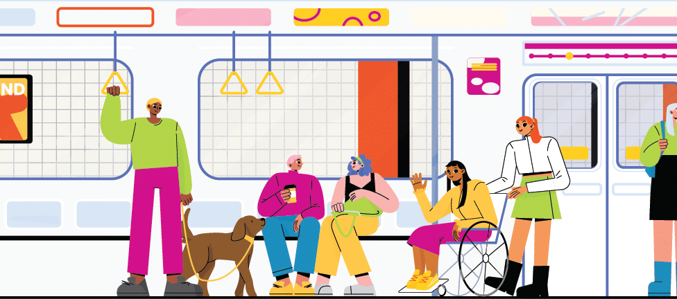 Illustration of people riding train