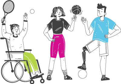 Illustration of person in wheelchair playing tennis, person with invisible disability spinning a basketball and a person with a prosthetic leg on top of ball.