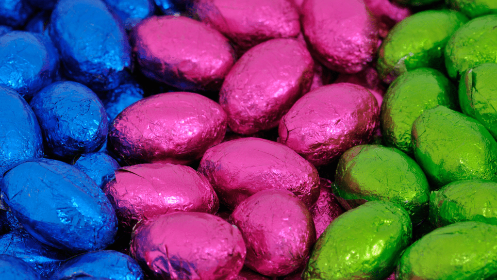 Brightly coloured chocolate Easter eggs