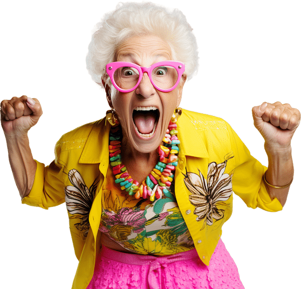 Lady with fists in the air Photo of senior woman wearing bright yellow jacket with fists in the air.